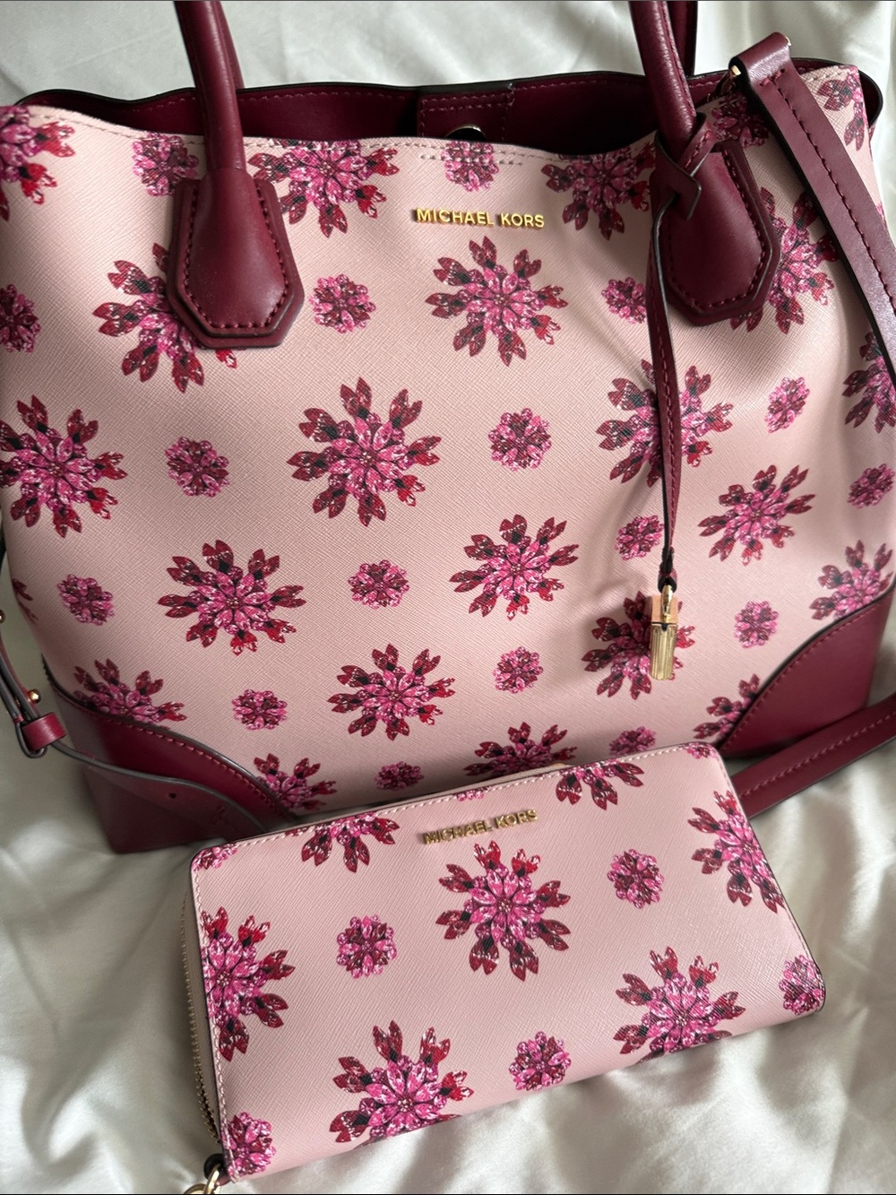 Michael Kors Pink Floral Tote with Berry Trim and Matching Wallet